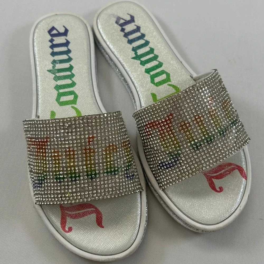Juicy Couture Sandals Yonder Bling Slides Womens 7 White Rainbow Rhinestone Y2K